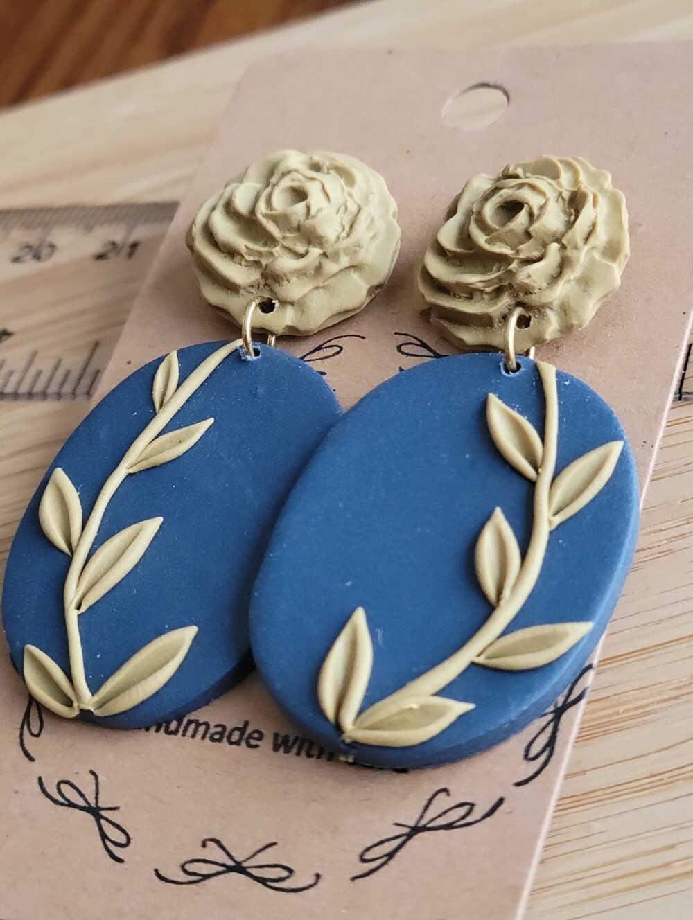 Polymer‎ Clay 2" Dangle Earrings - Mustard & Dusty Blue NWT Boho Made Thru Love